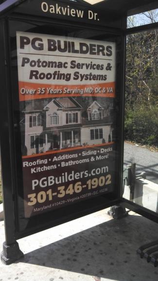 Bus Stop Advertisement PG Builders and Potomac Services & Roofing Systems